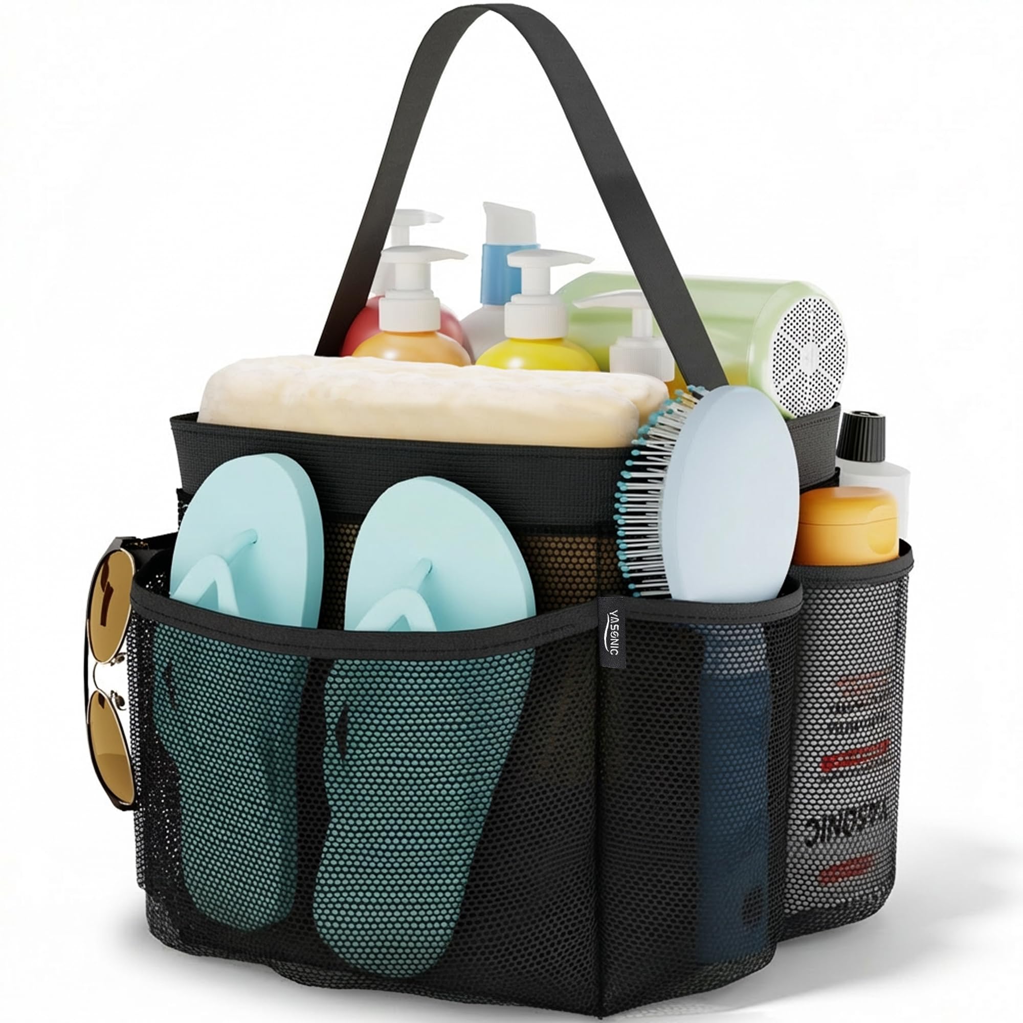 Photo 1 of YASONIC Mesh Shower Caddy Portable for College Dorm Essentials Bag, 8 Pockets Hanging Basket for Girls, Boy, College Students (Black)