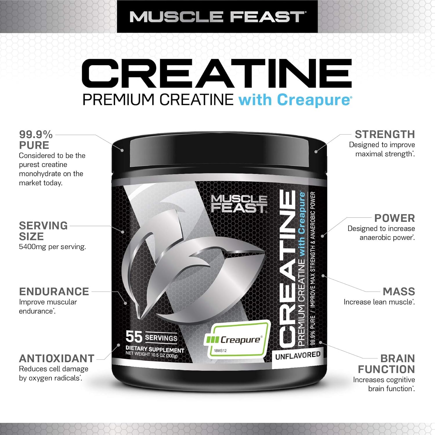 MUSCLE FEAST Creapure Creatine Monohydrate Powder | Premium Pre-Workout or Post-Workout | Easy to Mix, Gluten-Free, Safe and Pure, Kosher Certified (300g, Unflavored): Health & Personal Care