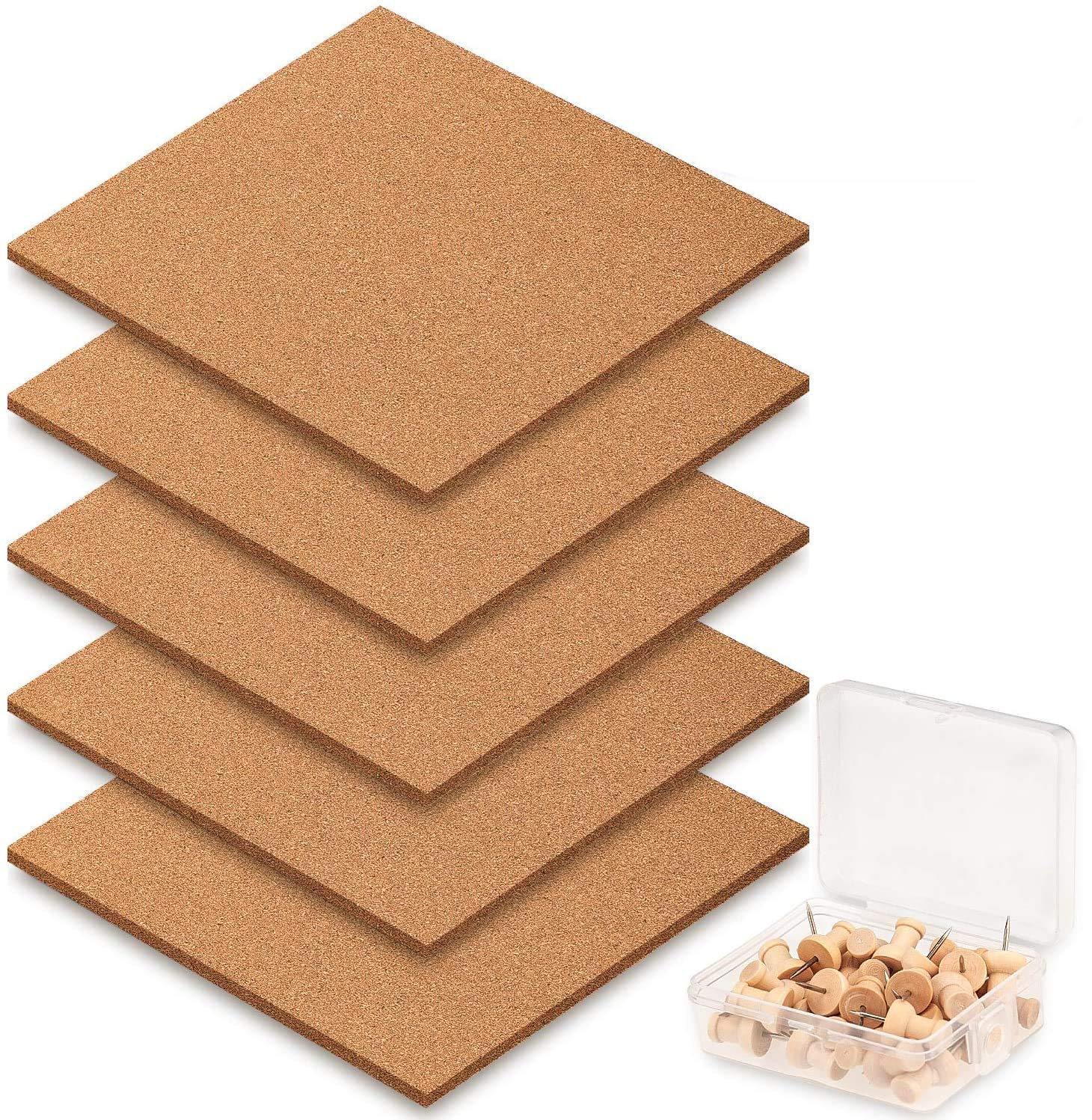 Whaline 5 Pack Square Cork Board Tiles with Full Sticky Back, Big Size Cork Board, Small Wall Bulletin Boards Mini Pin Board with 40 Push Pins for Pictures, Photos, Drawing