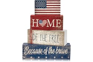 CROBLISSFUL 4 Pcs 4th of July Decorations Patriotic Memorial Day Tabletop Decorations Red White Blue Table Centerpieces Wood Block God Bless Sign for Office Tiered Tray Home Shelf Mantel(Flag)
