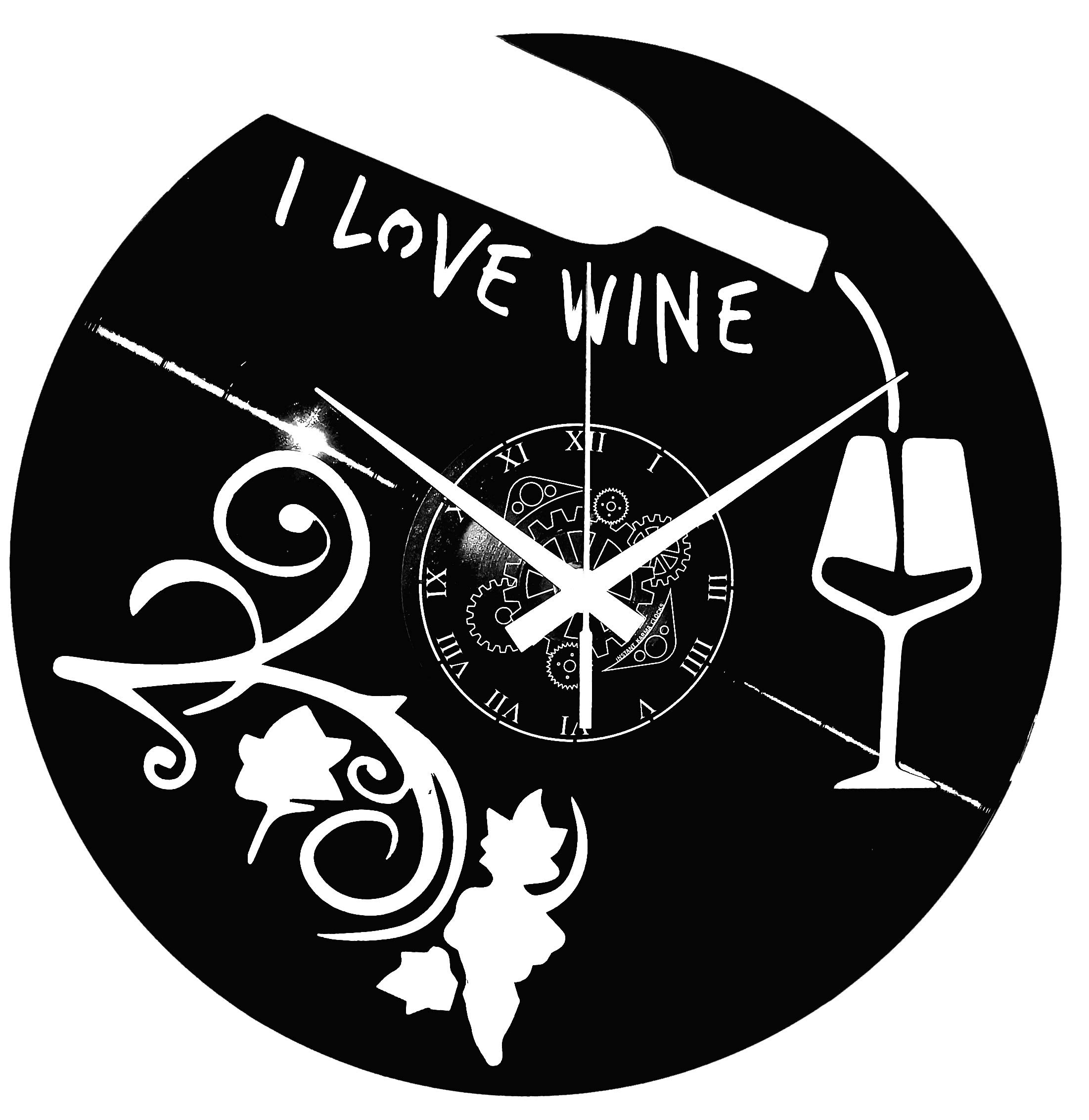 Instant Karma Clocks | I Love Wine Wall Clock – Wine Bottle, Glass & Grapes Theme – Silent No-Ticking | Perfect for Bedroom, Office, Studio, Cabin, Living Room – Unique Decoration