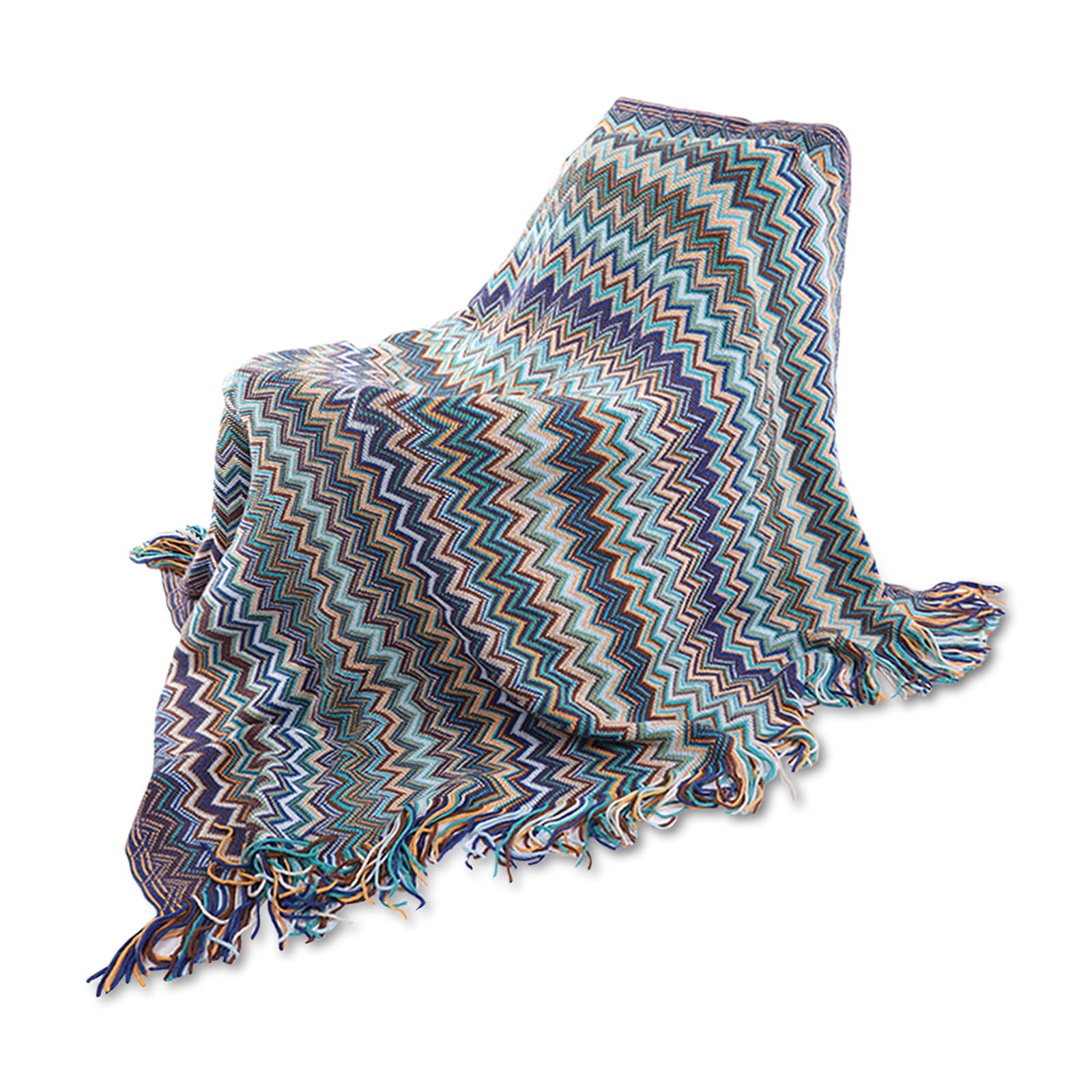 Galatée Sofa Throw Knitted Blanket Fringed Blanket Herringbone Bed Throw Super Soft Blanket Bed Throw Suitable for Your Home, Bedroom, Sofa, Camping, 130 x 160 cm - Blue