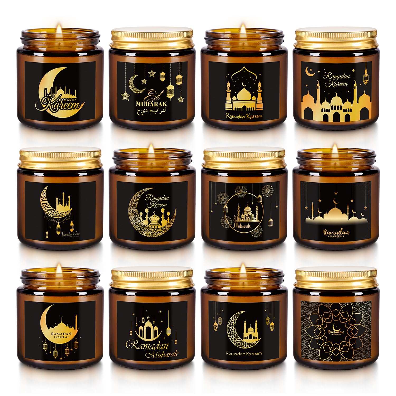 Photo 1 of 12 Pcs Ramadan Mubarak Scented Candle Set - Eid Candles for Home Decor, Aromatherapy Islamic Gifts for Women & Family, Mosque-Inspired Jar with Islamic Lanterns & Stars, Brown Soy Wax