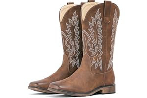 IUV Cowboy Boots For Women Square Toe Wide Western Boots Mid Calf Cowgirl Boots Pull On Embroidered Brown Cowboy Boots