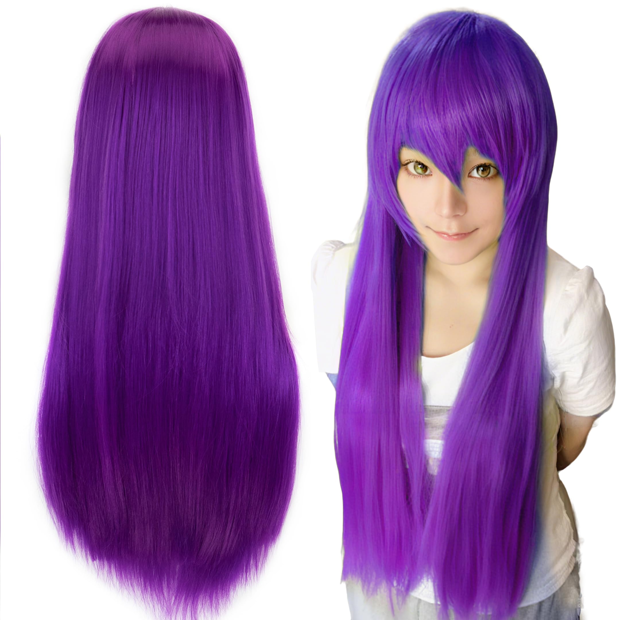 IMISSU 80cm Long Straight Natural Hair Cosplay Wigs with Bangs Colorful Halloween Costume Party Wig for Girl (Violet)