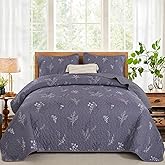 Drucon Purple Queen Size Quilt Set Branch Bedspread Coverlet Set, Purple Botanical Floral Pattern Quilted Bedding Set 3 Piece Soft Lightweight Microfiber Bed Cover for All Season (96''x90'')