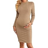 Ekouaer Maternity Dress Mock Turtleneck Pregnancy Dress Rib Knit Stretchy Bodycon Baby Shower Dress