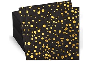 80 Pack of Black Paper Cocktail Napkins with Gold Foil Polka Dot Confetti，Polka Dot Party Supplies(5 x 5 in，3-ply) (Gold Blac