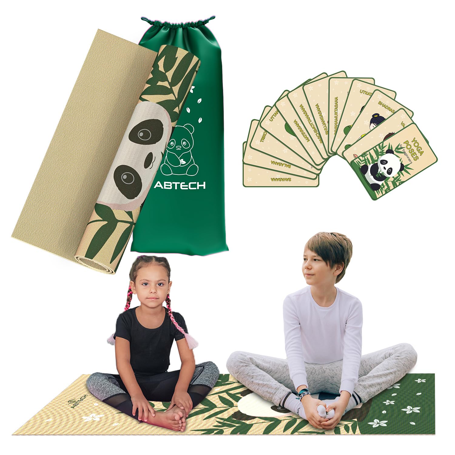 Abtech Kids Yoga Mat Set - Comfortable Panda Kid Yoga Mat Girl with 12 Yoga Cards, Storage Bag, Beige Play Mat Thick for Gymnastics Mat, Exercise Mat, No-Toxic and Non-Slip for Ages 3-12 Image