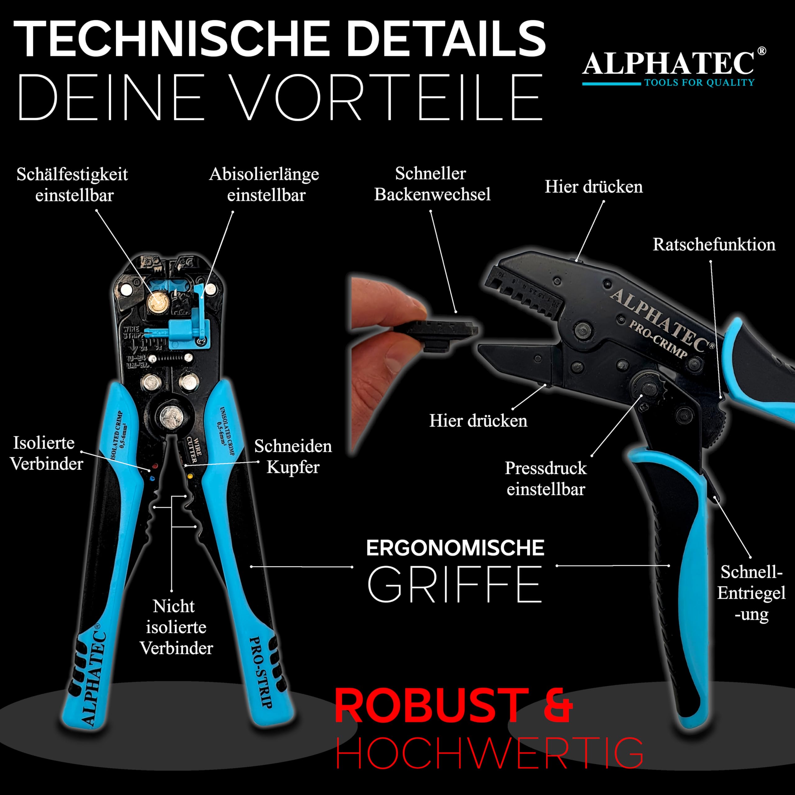 ALPHATEC® Crimpzange Set mit Wechselbacken inkl. automatische Abisolierzange - [0,25-10mm²] - Crimpzange Kabelschuhe, Aderendhülsenzange, Flachstecker, MC4 Zange PV Solar - Krimpzangenset 8-teilig 4