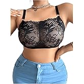 WDIRARA Women's Plus Size Floral Lace Bra Sheer Mesh Wireless Bralette