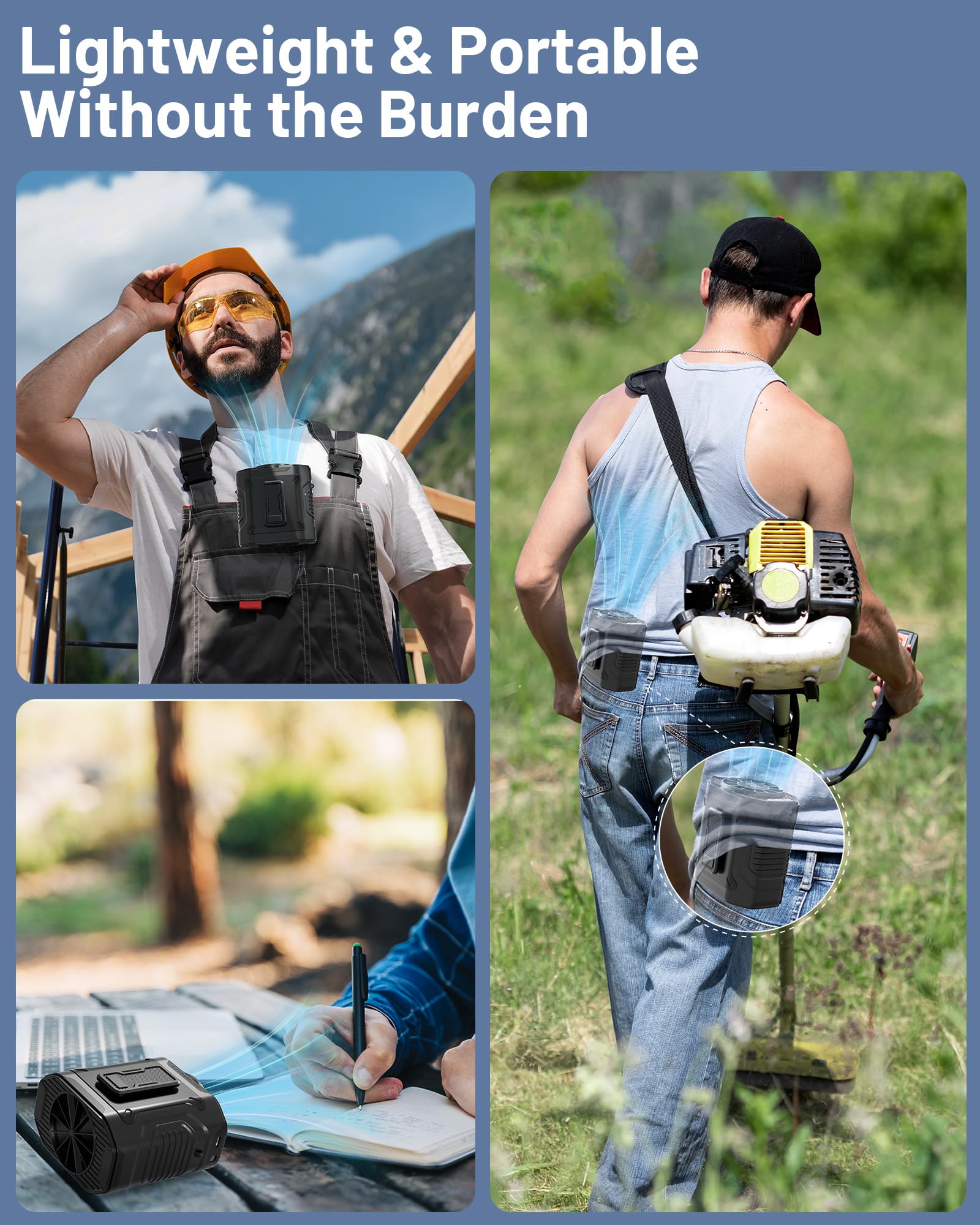 Portable Waist Fan with 10 Speed, Clip on Wearable Belt Personal Fan with Flashlight, Rechargeable Battery Operated Hands-Free Hanging Neck Fans, Cooling For Outdoor Camping Jobsite