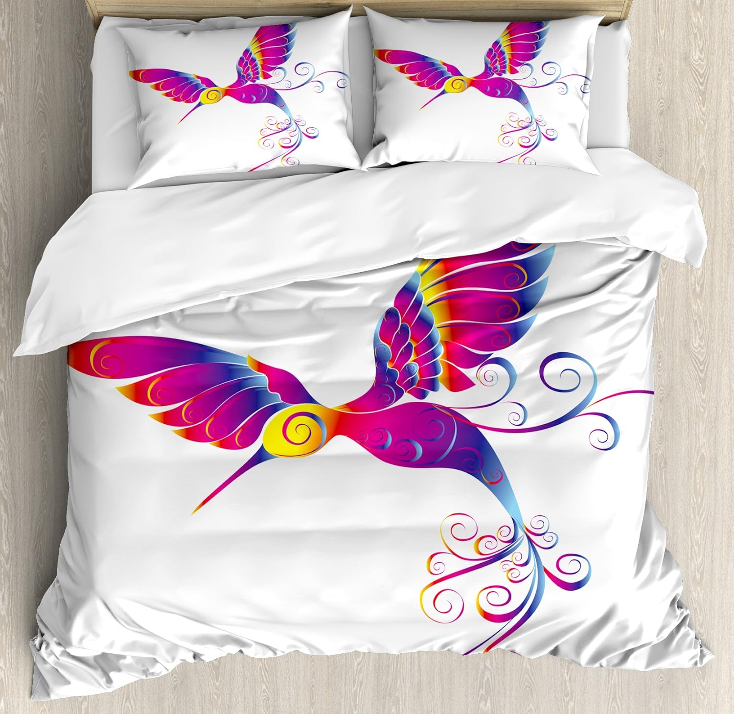 Ambesonne Hummingbirds Decor Duvet Cover Set Queen Size, Colorful Feather Hummingbird Curvy Tail Ornament Stylized Artistic Design, Decorative 3 Piece Bedding Set with 2 Pillow Shams, White Fuchsia