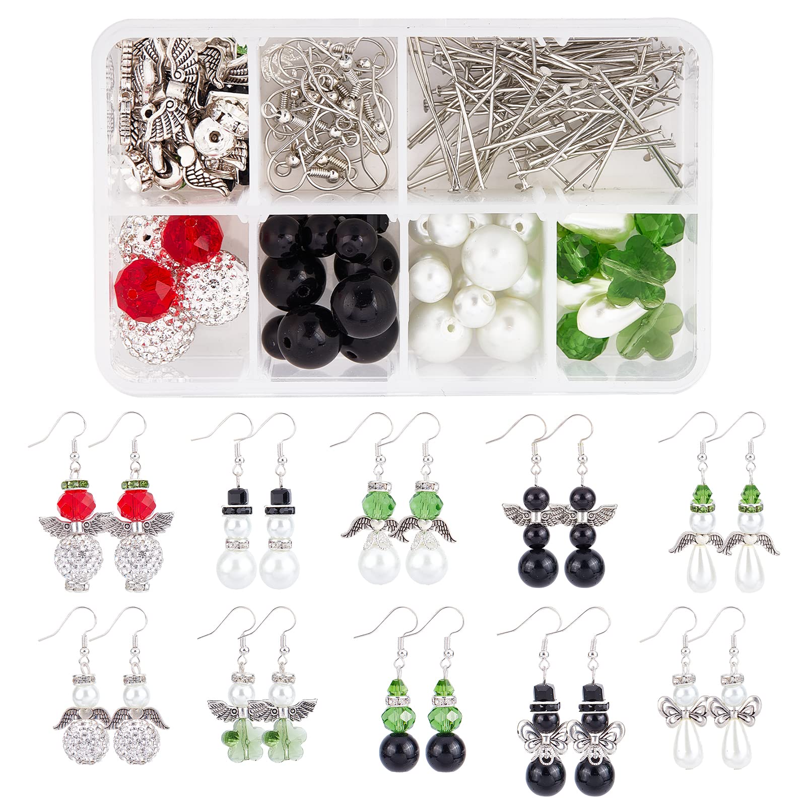 SUNNYCLUE 1 Box DIY 10 Pairs Christmas Themed Handcraft Snowman Earrings Making Kit Angel Wing Beads for jewellery Making Czech Faceted Glass Bead Flower Shaped Glass Flower Bead Caps Adult Women — image 1