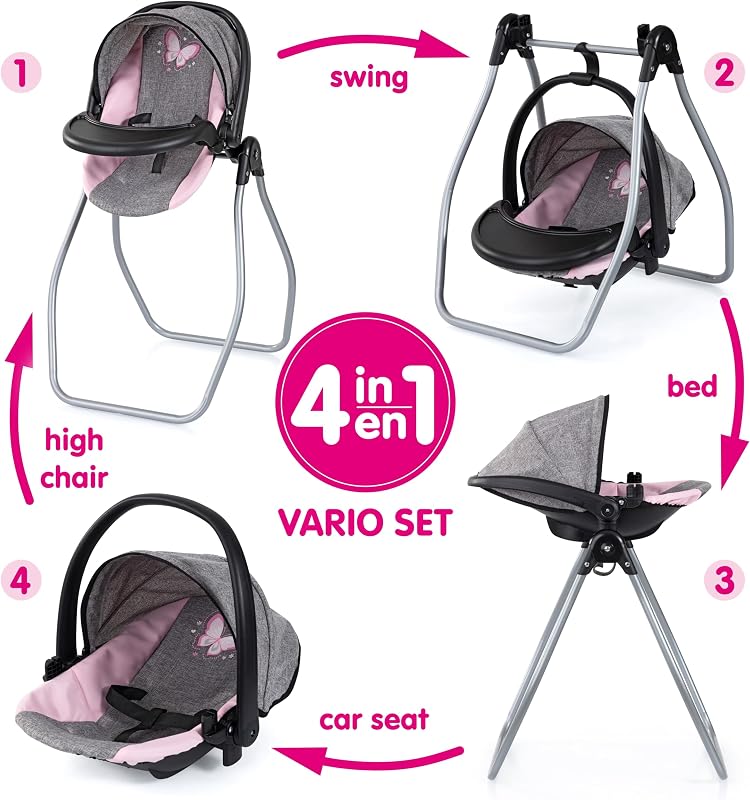 Puppenhochstuhl, trage, Bett, Schaukel 4 in 1 Set