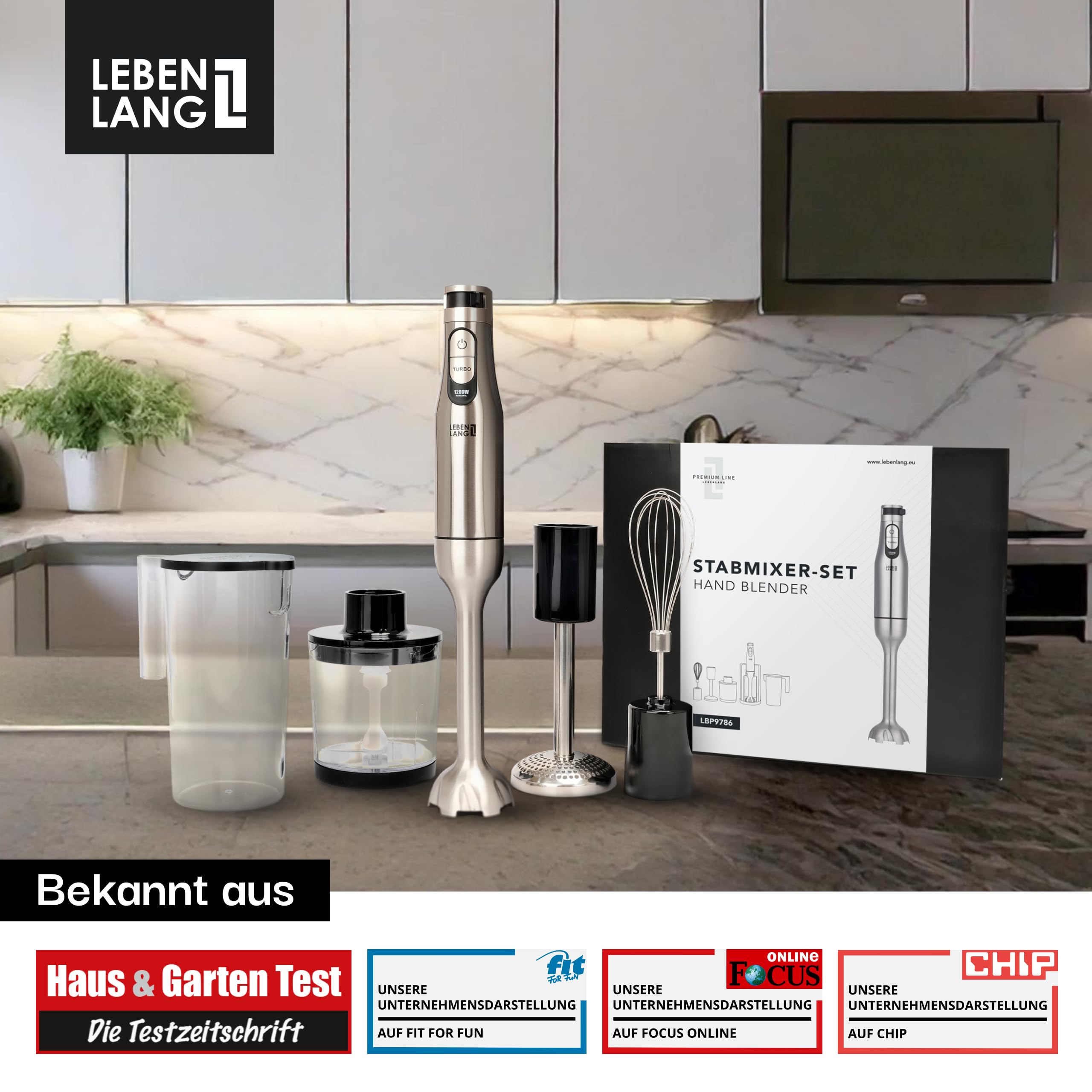 LEBENLANG Premium 1200W Stabmixer Set - Inkl. 5x Zubehör & Spritzschutz I Stufenlos verstellbar & Turbo I Elektrische Hand Blender Pürierstab Edelstahl Zauberstab Mixer Mixstab Purierstabmixer Stab 6