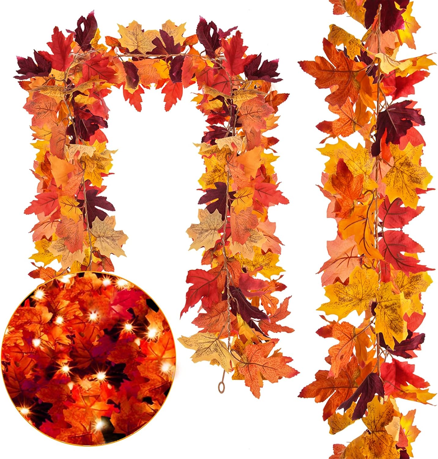 Wreaths, Garlands & Swags - DERAYEE 2Pcs Fall Maple Leaf Garland with Lights, Artificial Fake Leaves 40LED String Lights Thanksgiving Home Decorations Fall Décor Fireplace Party