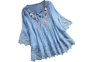 LCEPCY Plus Size Blouse for Women Vintage Lace Patchwork Bow V Neck Embroidery Shirts Three Quarter Tops Loose T-Shirt
