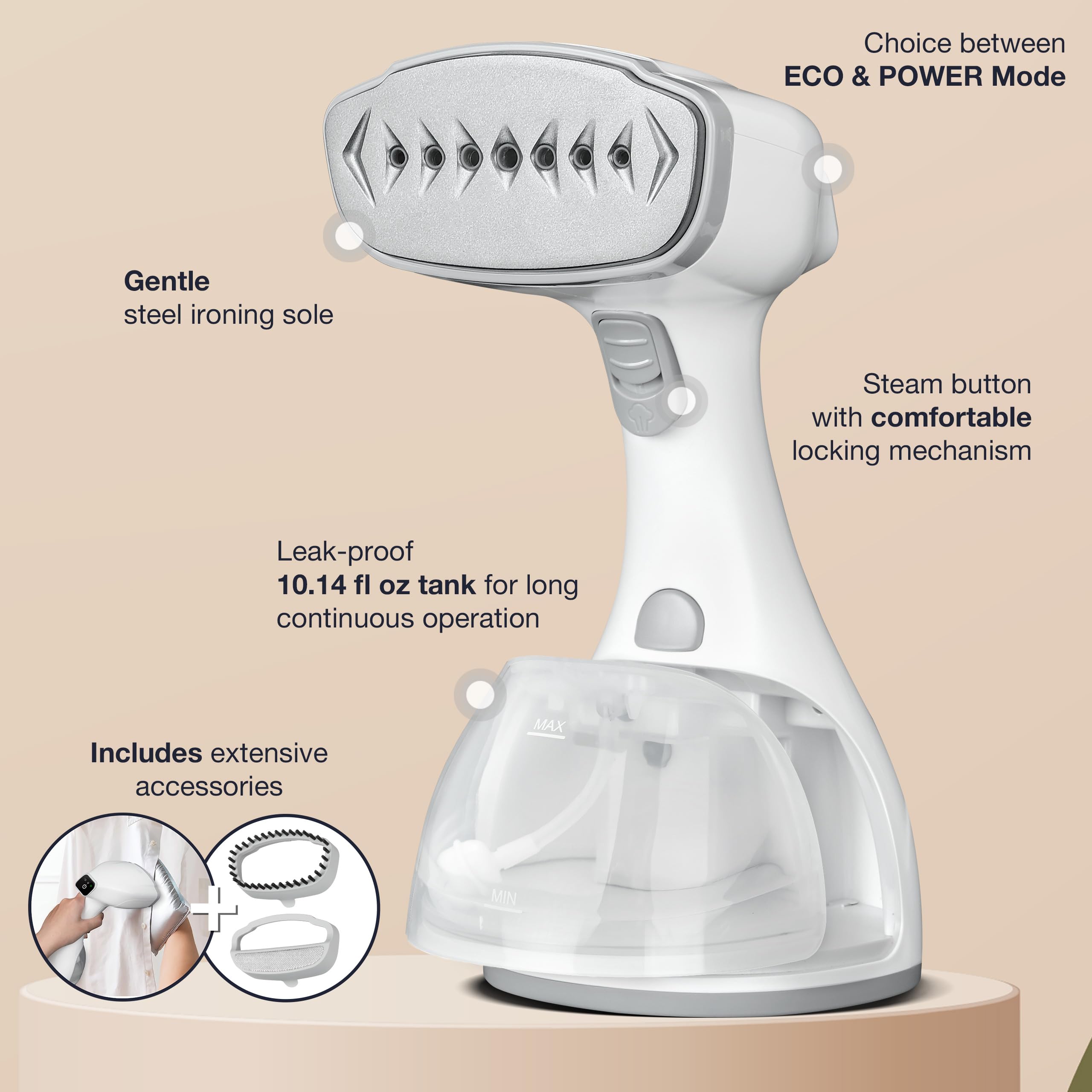 LEBENLANG Portable steamer for clothes - 1500W & 10 oz incl. ironing glove & attachments I Clothing steamer handheld I Travel garment steamers Plancha a vapor para ropa Planchas de vaporizador Fabric