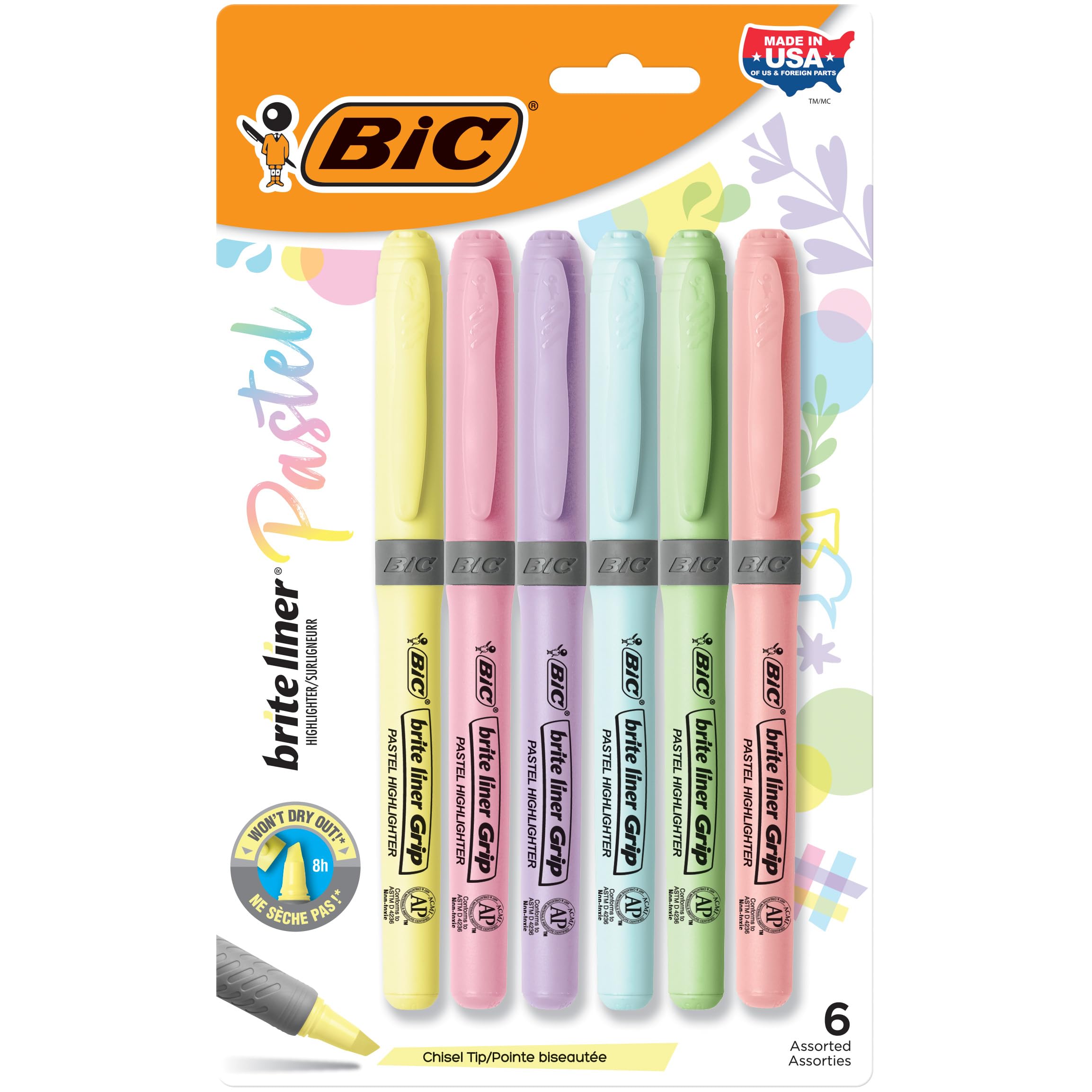 Photo 1 of BIC Brite Liner Grip Pocket Highlighter, Assorted Ink Colors, Chisel Tip, Assorted Barrel Colors, 6/pack