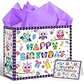 LUUFILx Owl Birthday Gift Bag for Kids Women Happy Birthday Party Favor Bags with Wrapping Paper Card for Baby Shower Party Decorations Party Supplies