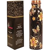INDTRESOR Pure Copper Water Bottle - Handcrafted - Ayurveda health benefits - Large 35 oz - Leak proof - Easy to carry for Sports, Fitness, Yoga, School - Black Base Floral Textured Colorful Enamel