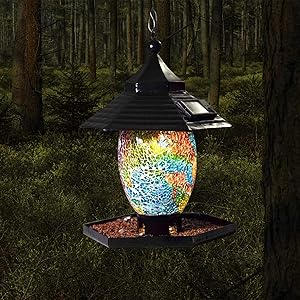 Bird Feeder for Outside Hanging Outdoor,Mosaic Decor,Solar Powered Garden Lantern Lights Bird-House Wild Hanging Bird Feeder