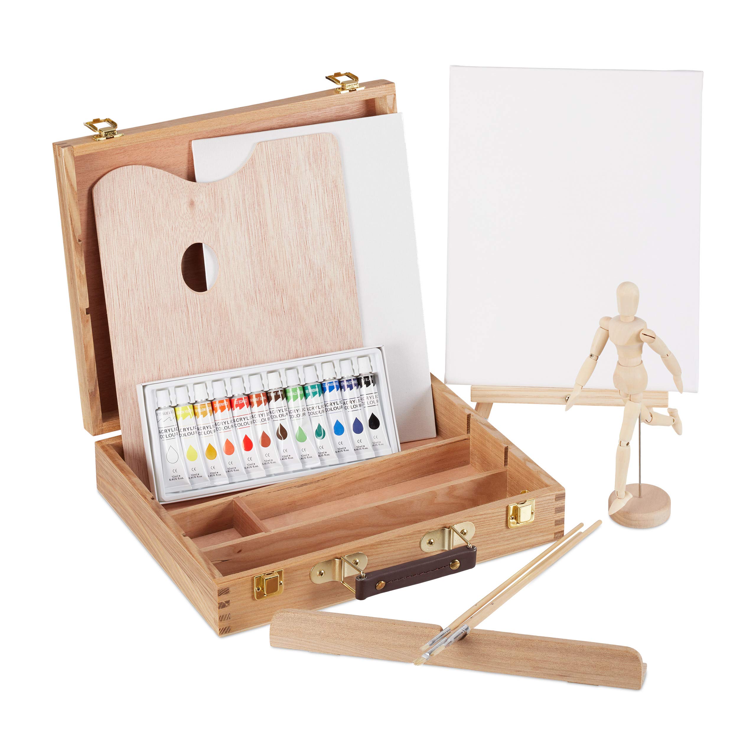 Relaxdays Art, 22-Piece Set, Lay Figure, Mixing Palette, Brush, Table Easel, Canvas & Paint, Natural, wood, material, acrylic, 30.5 x 32 x 7.5 cm