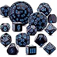 AUSTOR 15 Pieces Complete Polyhedral Dice Set D3-D100 Game Dice Set with a Leather Drawstring Storage Bag for Role Playing Table Games(Black & Blue)