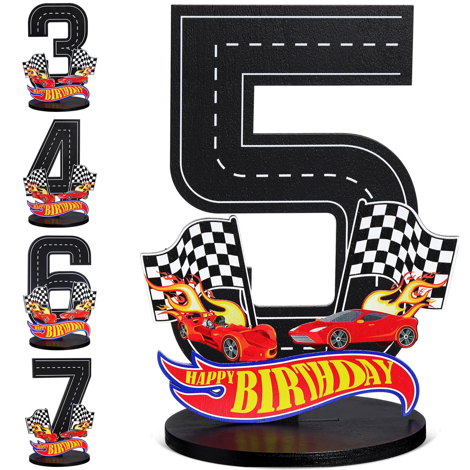 MiniInflat Race Car 5th Birthday Number Sign Centerpiece Race Car Theme 5th Birthday Party Supplies Wooden Table Decoration Photo Props for Boys Five Years Old