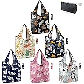 BeeGreen 6 Pack Cats Reusable Grocery Bags Gifts for Cat Lovers with Elastic Band Reusable Shopping Bags Bulk 50LBS X-Large Foldable-Machine Washable-Heavy Duty