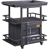 Benjara Metal Serving Cart with 1 Door Storage and 2 Tray Shaped Shelves, Gray