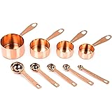 9 Copper Plated Measuring Cups and Spoons Set, Polished for Luxurious Look, Engraved Sizes incl ml / Metric, Ergonomic Handles, Precise measurement, Magnetic Stainless Steel Metal. Kitchen Set of 9.