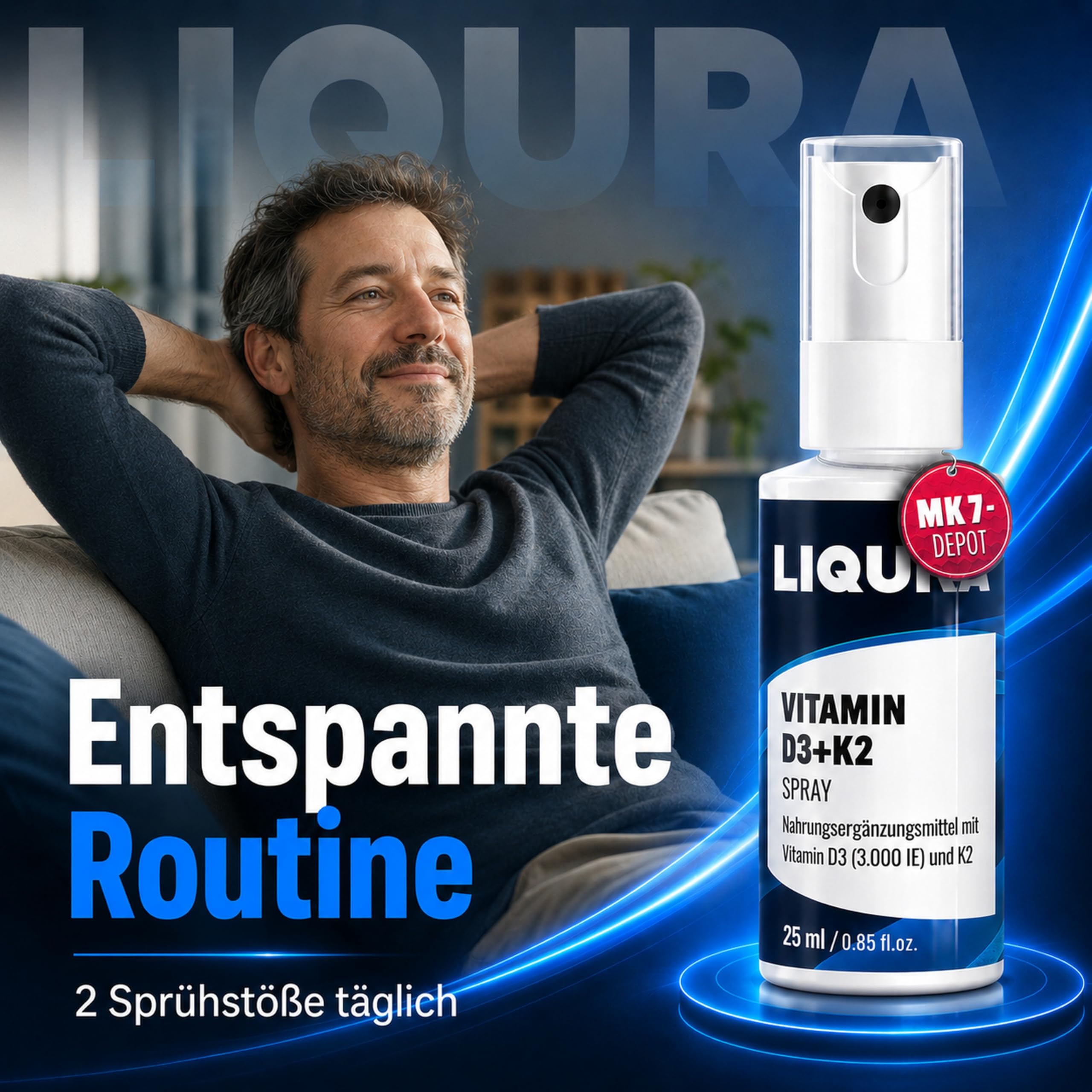 LIQURA Vitamin D3 K2 Spray mit MK7-Depot - hochdosiert (3000 IE) in 2 Sprühstößen - Einfache Dosierung und Alternative zu Vitamin D3 K2 Tropfen oder Kapseln. 125 Sprühstöße, 2 Monate, Vegan 25ml 5