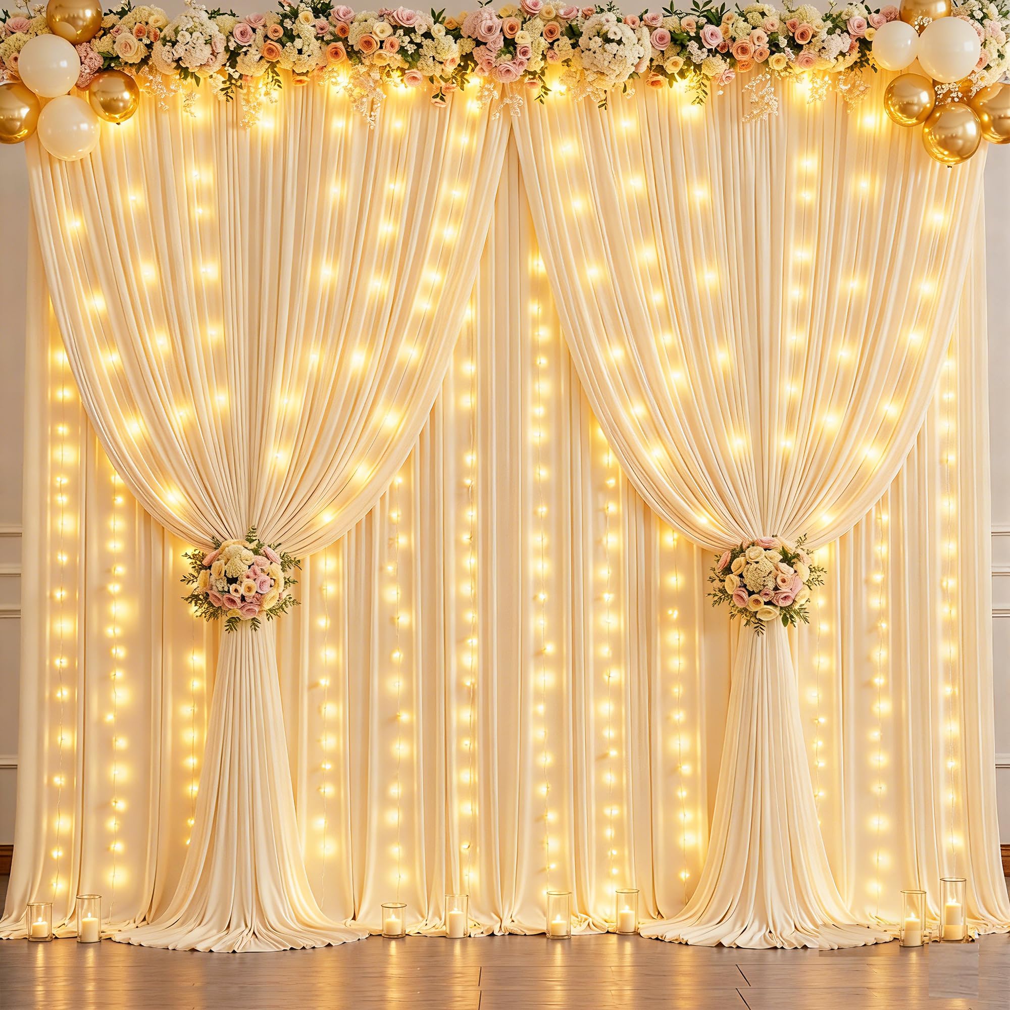 Photo 1 of 10x10ft Champagne Backdrop Curtains with Lights String for Parties Wrinkle Free Curtains Soft Fabric Photo Drapes for Wedding Birthday Baby Shower Party Background Decorations 5x10ft, 2 Panels