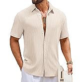 COOFANDY Mens Short Sleeve Casual Shirts Button Down Striped Summer Shirts Textured Vacation Beach Shirt