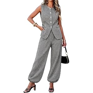 Tanming Womens Gingham 2 Piece Sets Casual Suit Vest Balloon Pants Summer Coord Set Brunch Office Matching Set