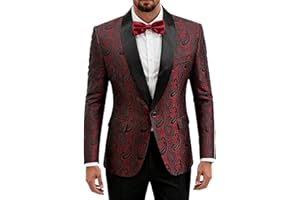 YND Men's Paisley Tuxedo Jacket, One Button Dress Suit Blazer, Floral Coat with Bow Tie for Dinner Party Prom Wedding