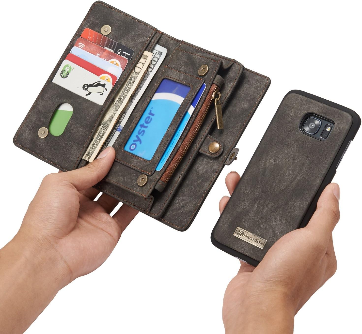 RAYTOP [Magnetic Removable Phone Case] + [11 Card Holders] + [4 Large Pockets] PU Leather Wallet for Samsung Galaxy S7 Edge [Magnet + Zipper + Button Closure] Vintage Black Large Capacity Premium