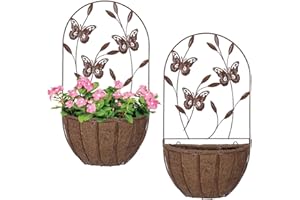 BAYN 2PK Wall Hanging Planter Decor Art with Butterfly, Metal Wall Mounted Planters Indoor Outdoor Wall Planter for Succulent Herb Home Garden Yard