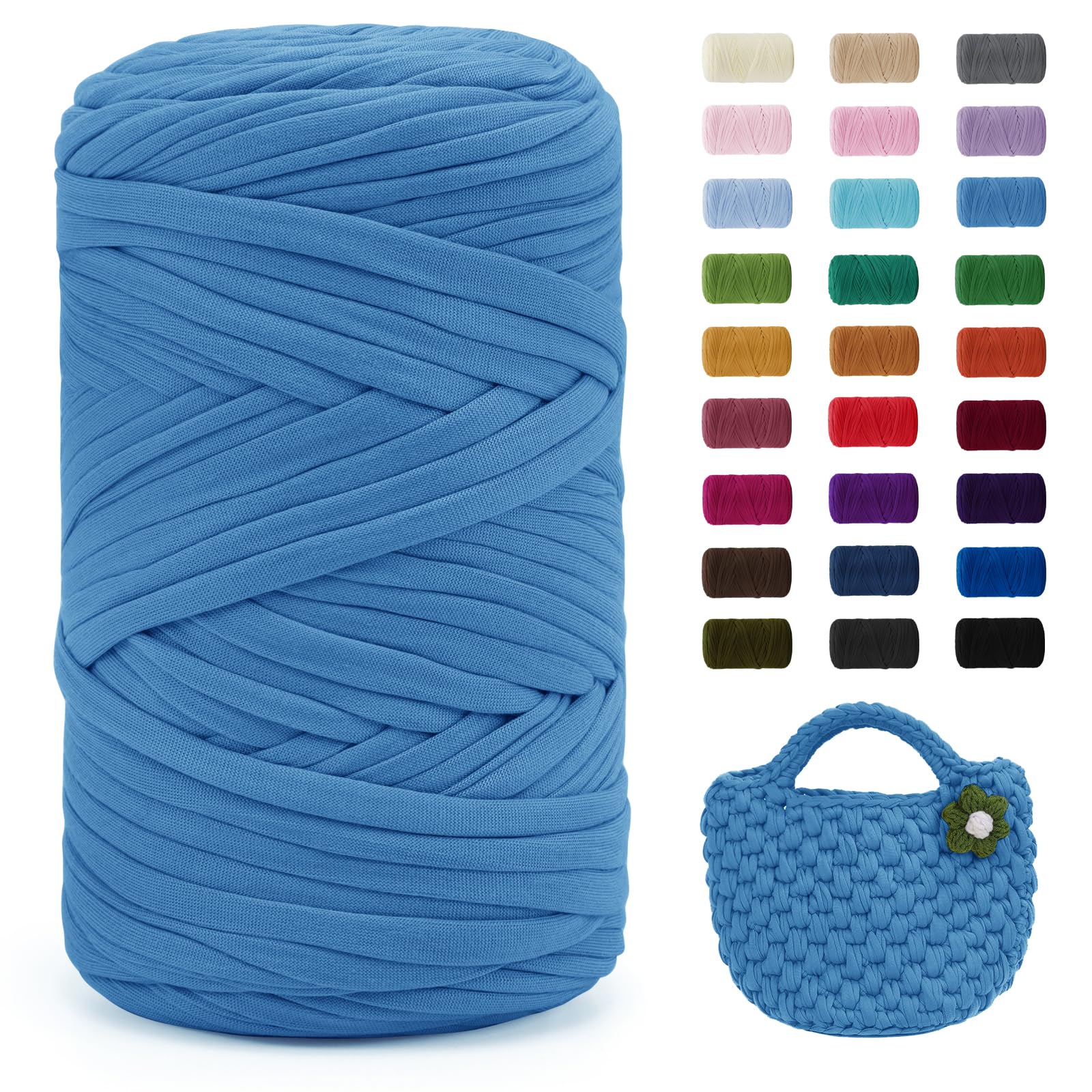 Uiopa Lake Blue T-Shirt Yarn, 400g/120m Elastic Fabric Crochet Cloth T Shirt Yarn, Chunky Hand Knitting Polyester Ribbon for Crocheting Bags/Baskets/Rugs, Home Decor, DIY Crafts