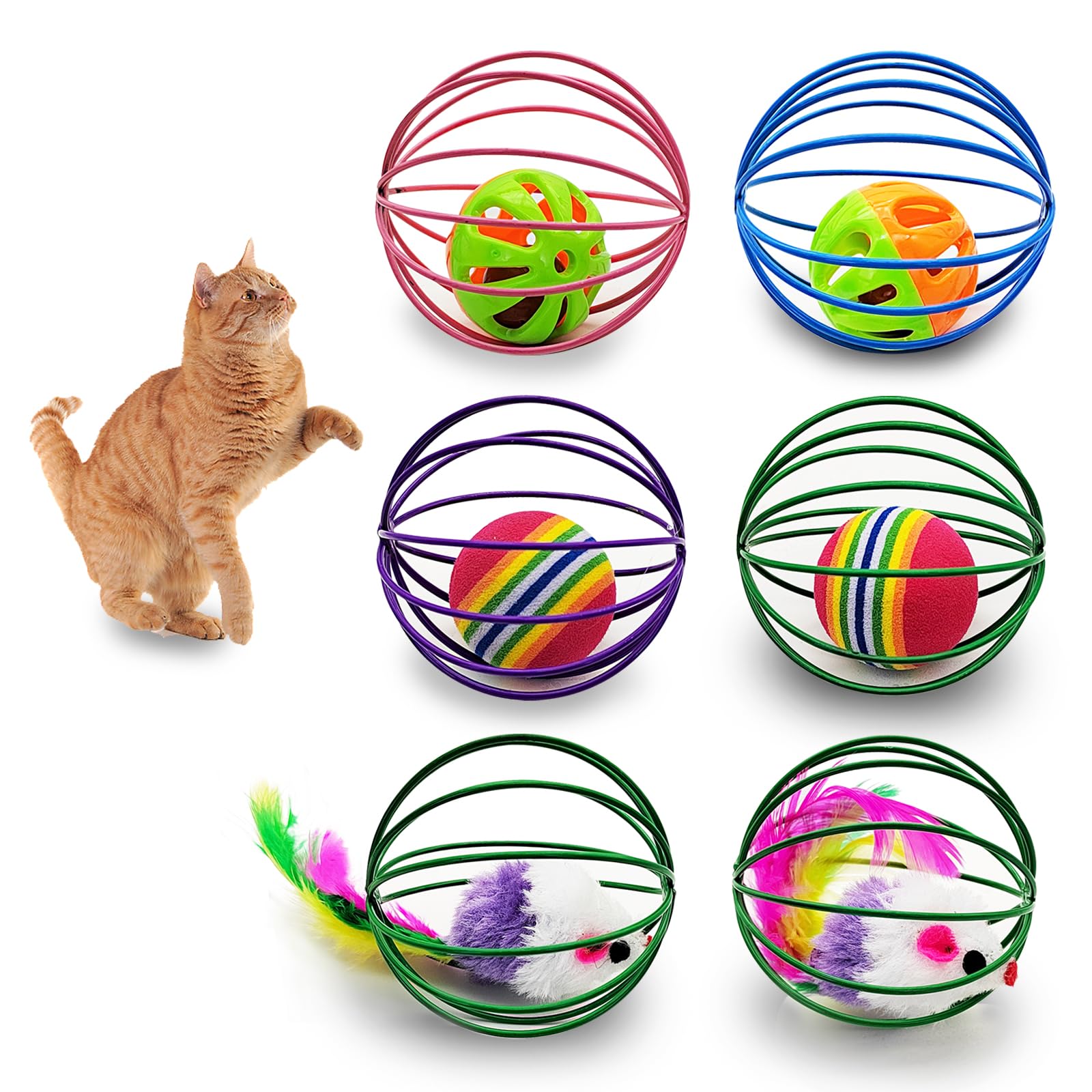Andiker 6Pcs Cat Spring Toys, Colorful Cat Spring Balls with Mice&Bell Ball&Rainbow Ball Metal Cage Balls Spring Cat Toy for Cats Playing Kicking Chasing Exercising (Random Color 1)