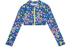 SwimZip Girls' Long Sleeve Zipper Crop Top Rash Guard UPF 50+ Sun Protection