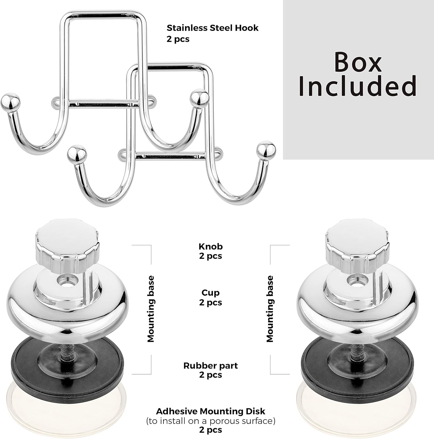 HASKO accessories - Powerful Vacuum Suction Cup Hook Holder - Organizer for Towel, Bathrobe and Loofah - Strong Stainless Steel Hooks for Bathroom & Kitchen, Towel Hanger Storage, Chrome (2 Pack): Home & Kitchen