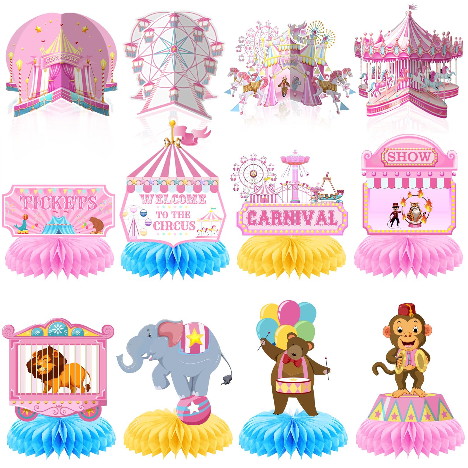 Photo 1 of 12 Pcs Pink Circus Honeycomb Centerpieces Carnival Table Decorations Pink Carnival Theme Party Decorations Carnival Birthday Party Decorations