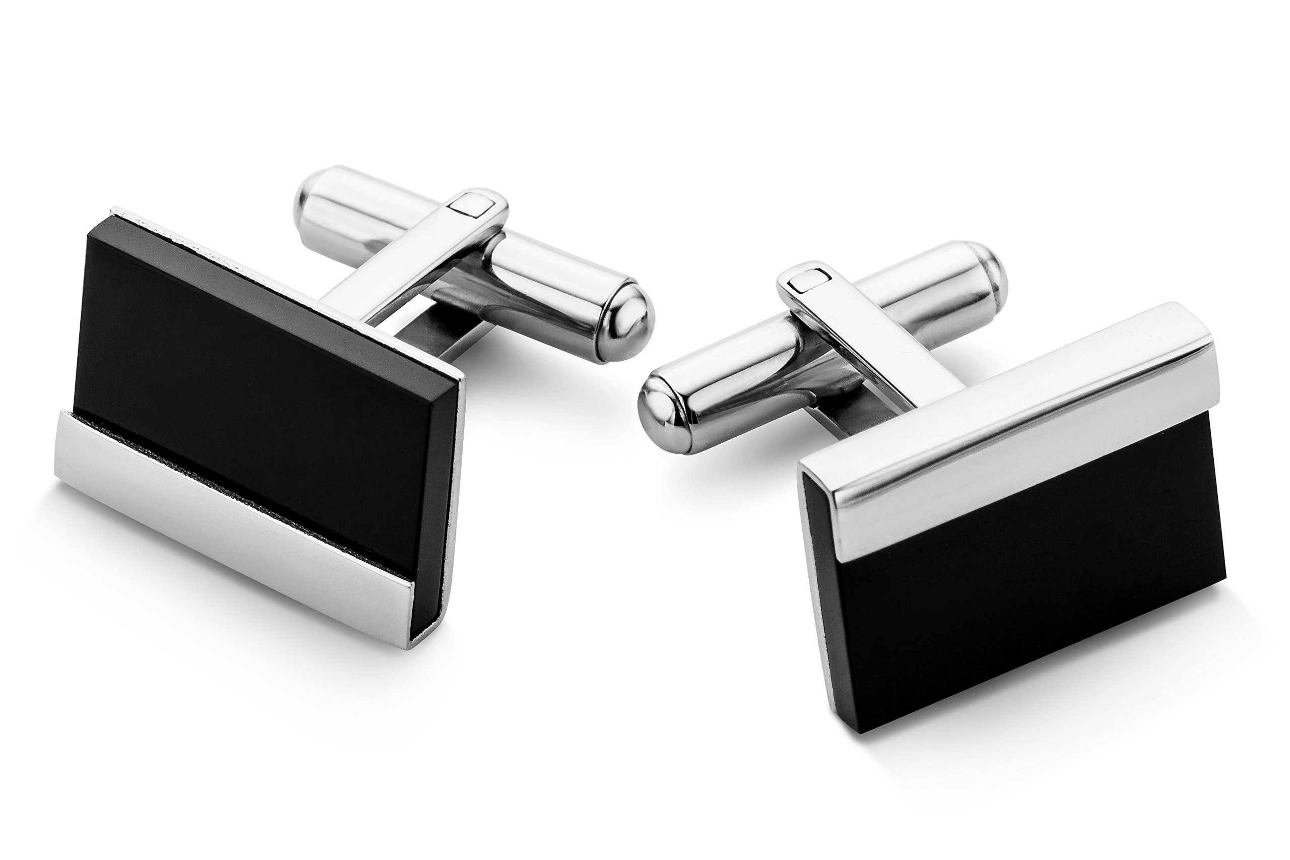 Miore Stainless Steel Cufflinks for Men with Onyx Gem, Solid Steel Cufflinks, Tuxedo Cufflinks - Delivered with Jewellery box