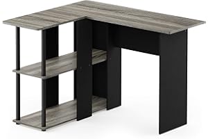 Furinno Abbott L-Shape Computer Desk with Bookshelf, French Oak Grey/Black