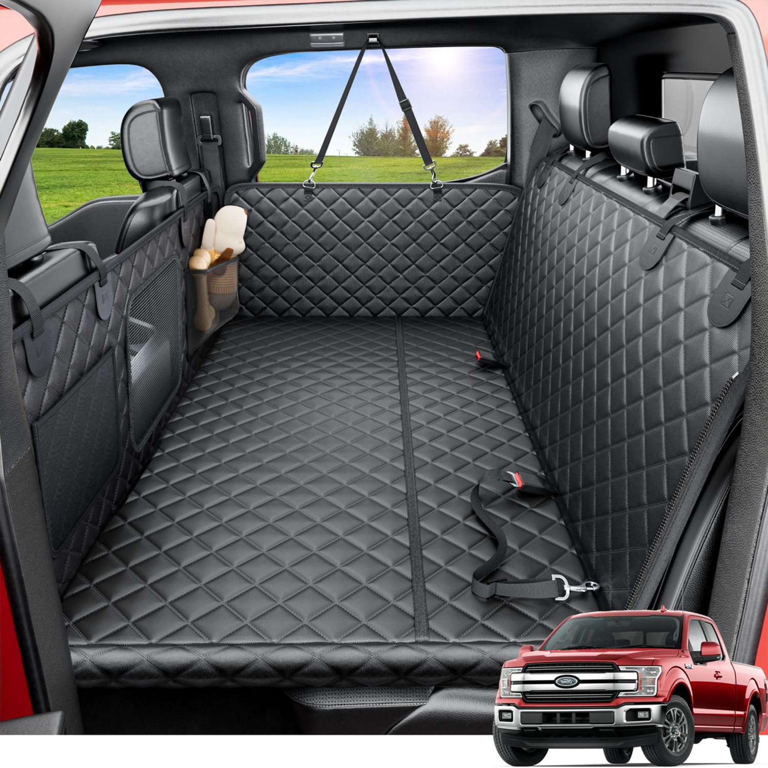 Photo 1 of REEVAA Dog Truck Seat Cover for Back Seat, Hard Bottom Dog Hammock for Car, Pet Bed Extender for 2-4 Large Dogs, Waterproof Seat Protector, Universal XL Size Fits for Crew Cab Truck/SUV, Black
