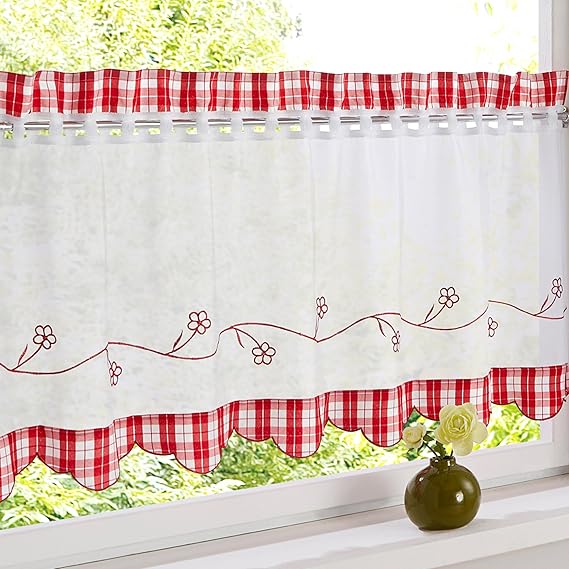 HongYa Bestickte Scheibengardine Halbtransparente Küche Kleinfenster Gardine mit Karo-Muster H/B 30/120cm Rot