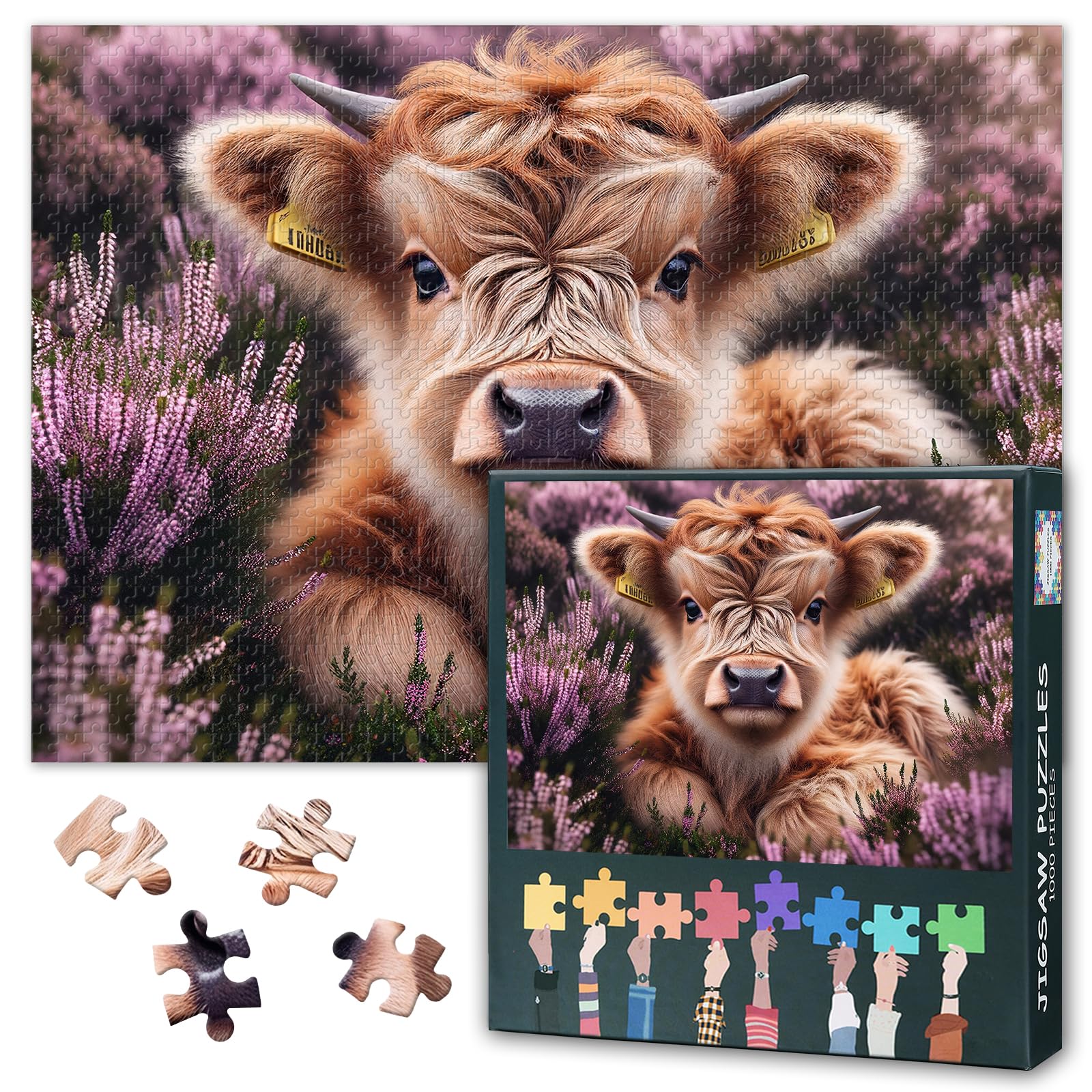 Highland Cow Jigsaw Puzzles for Adults 1000 Pieces, Highlands Cattle Snuggled up on the Heather Bed 1000 Piece Jigsaw Puzzle for Adults, 19.5 x 27.5 Inch